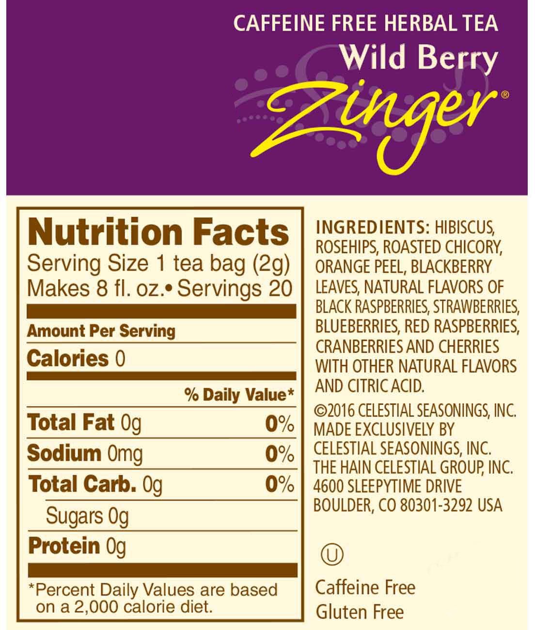Celestial Seasonings Wild Berry Zinger Herbal Tea, 20 Count (Pack of 6