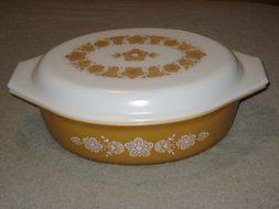 1960-70's Vintage Pyrex " Butterfly Gold #1 " 2 1/2 Quart Oval Casserole Baking Dish w/ White Lid