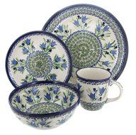 Polish Pottery Blue Tulip 4 Piece Dinner Set