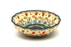 Polish Pottery Bowl - Shallow Scalloped - Medium - Peach Spring Daisy