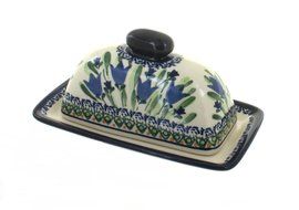 Polish Pottery Blue Tulip Butter Dish