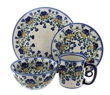 Polish Pottery Pansies 4-Piece Dinner Set