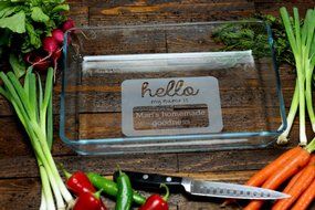 Personalized Gifts for Her | Engraved Casserole Dish with Iconic Hello My Name Is Label