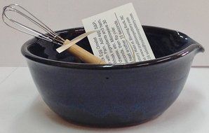 Handmade pottery egg omelet bowl with whisk and recipe