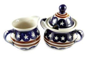 Polish Pottery Stars &amp; Stripes Cream &amp; Sugar Set