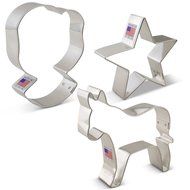 Democrat Cookie Cutter Set - 3 Piece - Hillary Clinton, Democratic Donkey and Star - Ann Clark - Tin Plated Steel