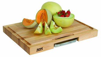 John Boos Newton Prep Master Maple Wood Reversible Cutting Board with Juice Groove, Pan and Double Blade Rocking... N6