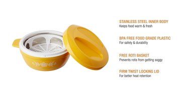 Solimo Regal Insulated Casseroles Set with Roti Basket, 3-Piece Cassrolle (Yellow) N2