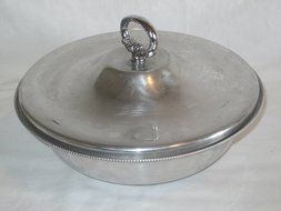 Vintage Buenilum Glasbake Glass &amp; Aluminum Covered Divided Casserole Dish