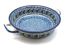 Polish Pottery Baker - Round with Handles - Large - Peacock Feather