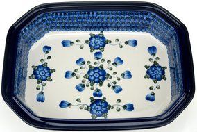 Ceramika Artystyczna Polish Handmade Baking Dish with Lid - 12&quot; x 9.5&quot; x 5&quot; (Blue Blossoms) N2