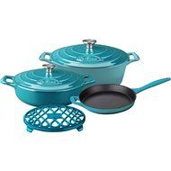 La Cuisine LC 2975MB 6 Piece Pro Enameled Cast Iron Oval Casserole/Trivet Cookware Set, High Gloss Teal