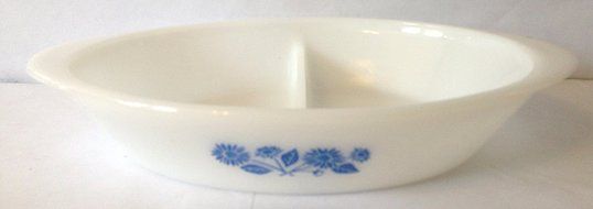 Oval Divided Milk Glass Casserole Baking Dish Handles Blue Flower Design