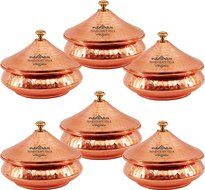 IndianCraftVilla 5.3" X 5.8" X 2.3" Handmade Steel Copper Set Of 6 Mughlai handi Volume 525 ML With Lid serving... N3