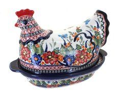 Polish Pottery Floral Butterfly Hen Baker