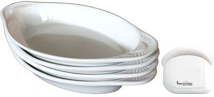 CAC Ceramic Oval Rarebit / Au Gratin Baking Dish with Pan Scraper, Set of 4, Pure White (15 Ounce) N2