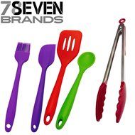 78Seven Bakeware Silicone Kitchen BUNDLE Baking Set. 1 Large Red Tongs, Spoon, Spatula, Turner and Basting Brush