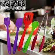 78Seven Bakeware Silicone Kitchen BUNDLE Baking Set. 1 Large Red Tongs, Spoon, Spatula, Turner and Basting Brush N7