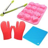Silicone Baking Set - Silicone Candy Molds, Silicone Spoon Rest, Silicone Grill Gloves &amp; Silicone Tongs - 12 Cavity...