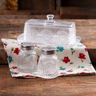 The Pioneer Woman Adeline Glass Butter Dish with Salt And Pepper Shaker Set, Clear