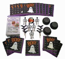 Halloween Cupcake Bundle 3pc Bundled Set including toppers, picks, liners, napkins with Bonus Ghost Light-up Pin...
