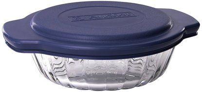 Anchor Hocking 3-Piece 2-Quart Sculpted Baking Dish with Slate Blue Plastic Lid and Blue Tote.
