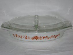2 Piece Set - Vintage 1965 Pyrex Floral Promotional 1 1/2 Quart Divided Oval Cinderella Casserole Baking Dish...