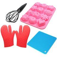 Food Grade Silicone Bakeware Set - Silicone Cupcake Molds, Silicone Pot Holder, Silicone Gloves &amp; Silicone Whisk...