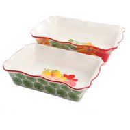 The Pioneer Woman 2-Piece Rectangular Ruffle-Top Ceramic Bakeware Set- 3.6 Quart/2.3 Quart , Poinsettia and Happiness...