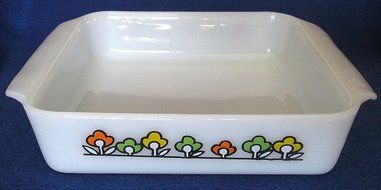 Anchor Hocking Fire King 8 Inch Square Baking Dish with Mulit-Colored Flowers
