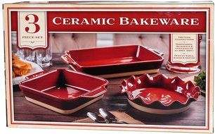 Ceramic Bakeware 3-Piece Set - Square Baker, Pie Plate, Rectangular Baker (Red)