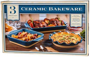 Ceramic Bakeware 3-Piece Set - Square Baker, Pie Plate, Rectangular Baker (Red) N3