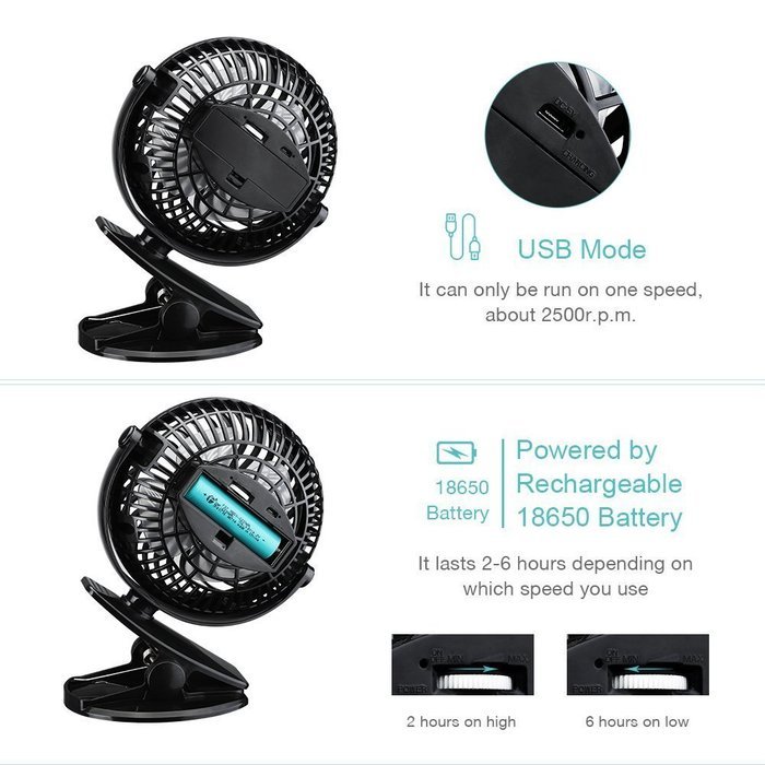 Aipai Battery Operated Clip Fan,Small Portable Fan Powered by Rechargeable Battery or USB Desk Fan Persanal Fan... N16