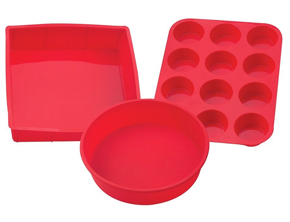 Mrs. Anderson&rsquo;s BPA Free Silicone 9&rdquo; Round Bake Pan, 9&rdquo; Square Bake Pan, and 12 Cup Muffin Pan