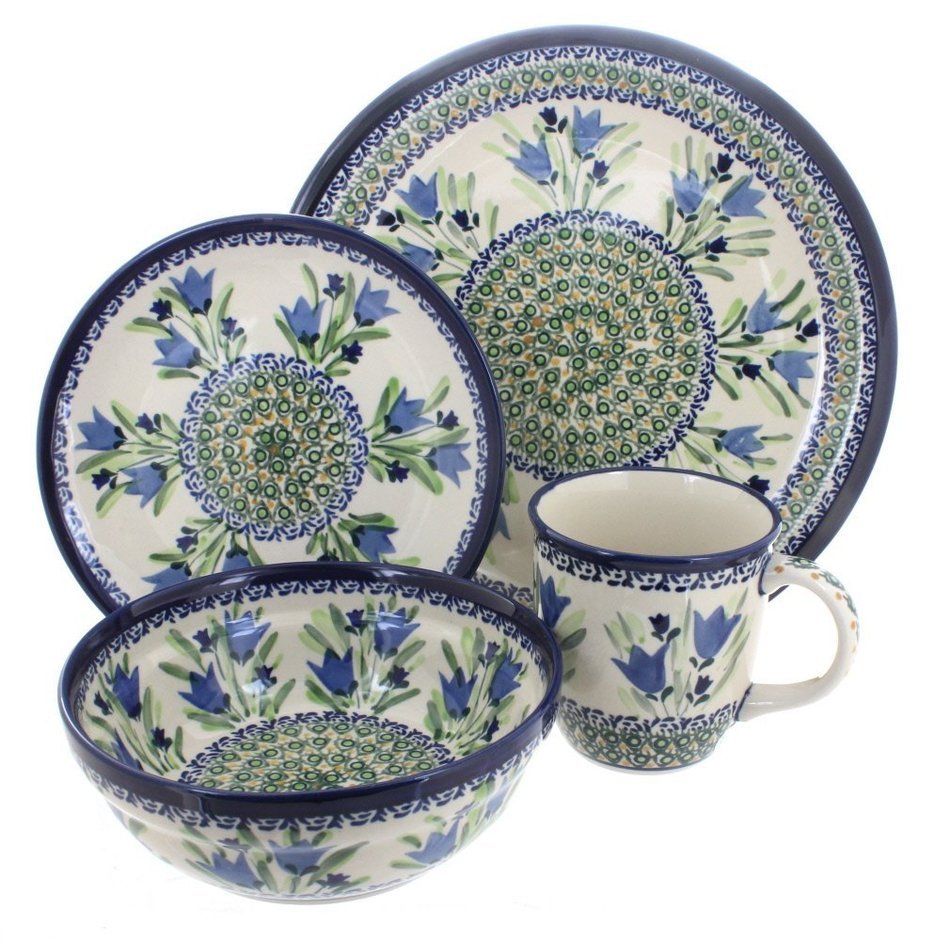 Polish Pottery Blue Tulip 4 Piece Dinner Set