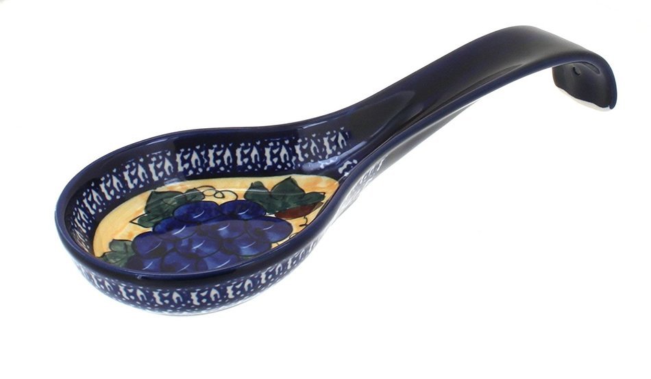 Polish Pottery Grapes Large Spoon Rest with Cobalt Trim