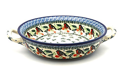 Polish Pottery Baker - Round with Handles - Medium - Red Robin