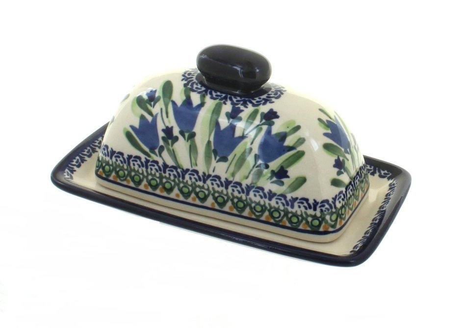 Polish Pottery Blue Tulip Butter Dish