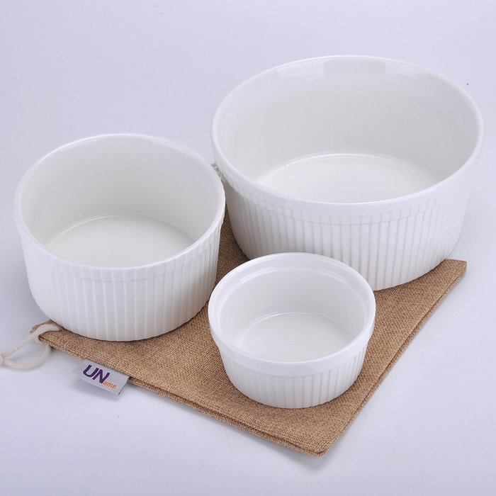 UName Set of 3 Ramekins & Souffl&eacute; Dishes, White, UN292