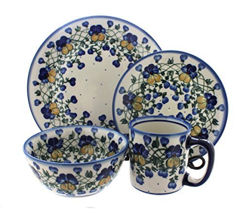 Polish Pottery Pansies 4-Piece Dinner Set