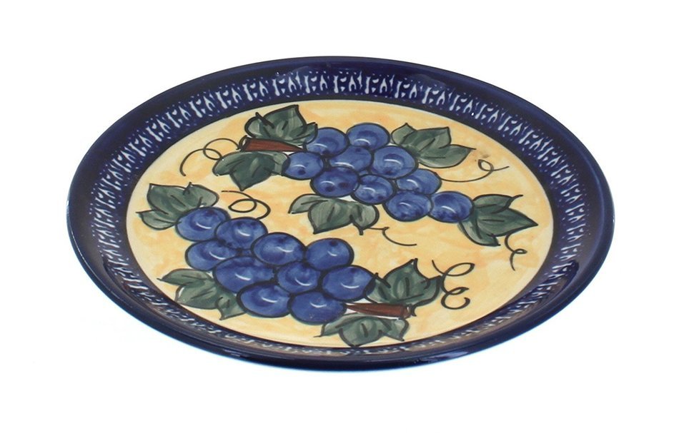 Polish Pottery Grapes Dessert Plate with Cobalt Trim
