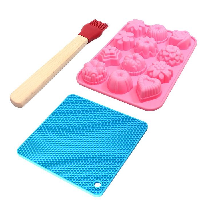 Silicone Baking Set - Silicone Molds For Cupcakes Silicone Trivet & Silicone Grill Brush - 12 Cavity Bakeware...