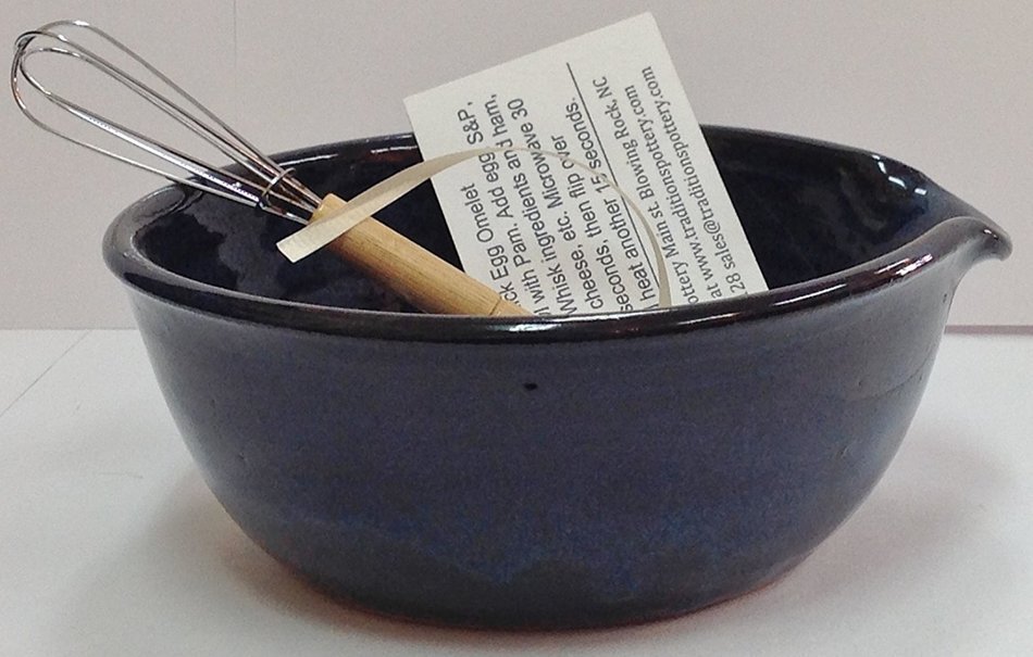 Handmade pottery egg omelet bowl with whisk and recipe