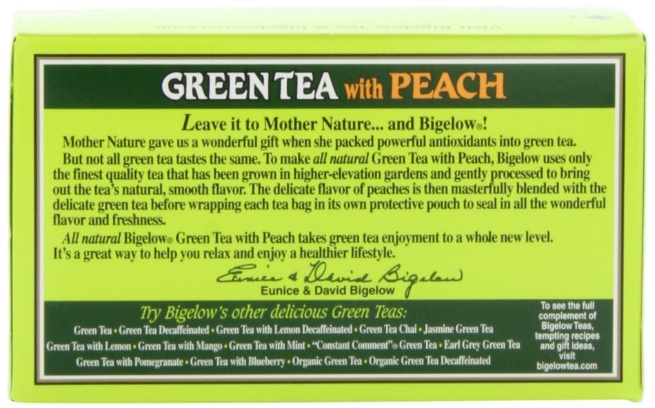 Bigelow Green Tea with Peach, 20-Count Boxes (Pack of 6)