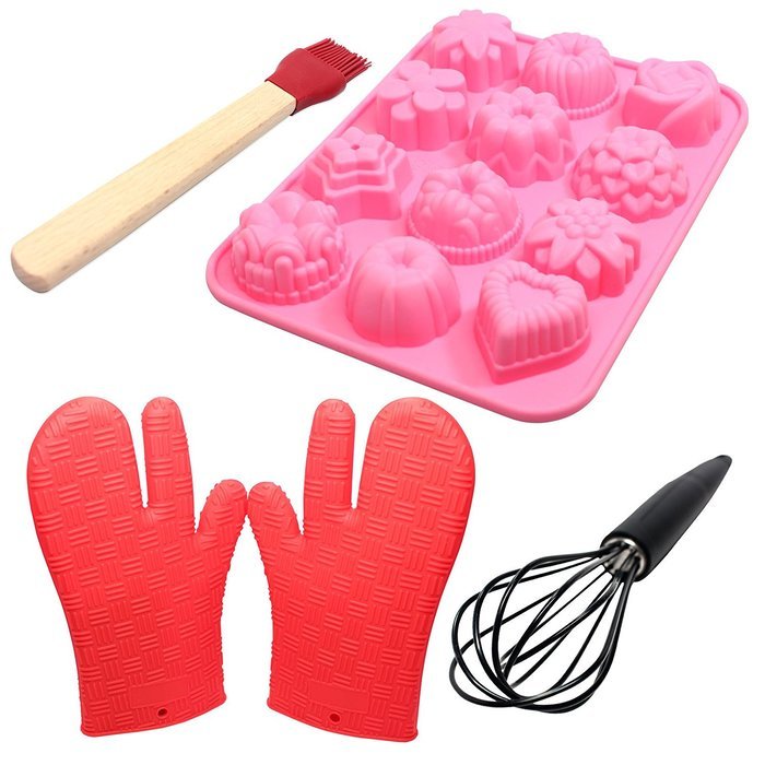 Food Grade Silicone Bakeware Set - Silicone Candy Molds Silicone BBQ Gloves Silicone Coated Whisk & Silicone Basting...