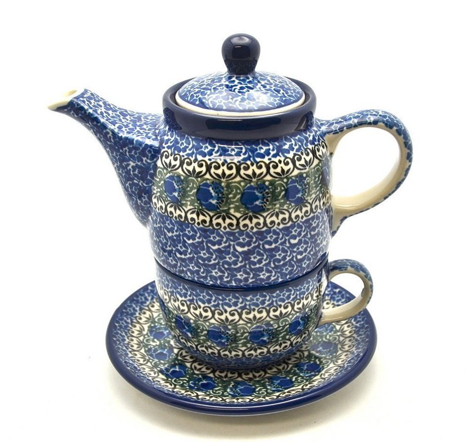 Polish Pottery Tea Time for One - Peacock Feather