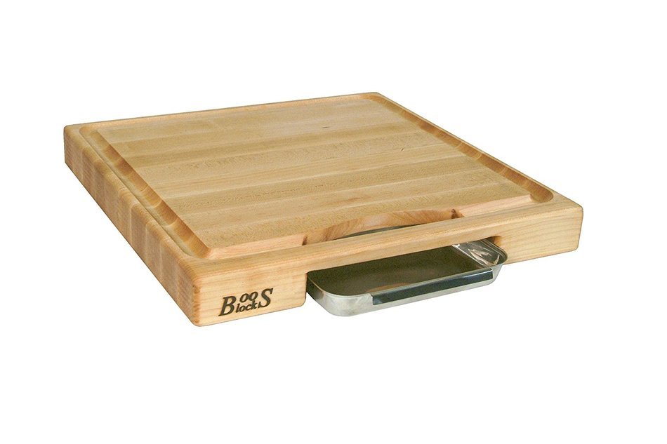 John Boos Newton Prep Master Maple Wood Reversible Cutting Board with Juice Groove, Pan and Double Blade Rocking...