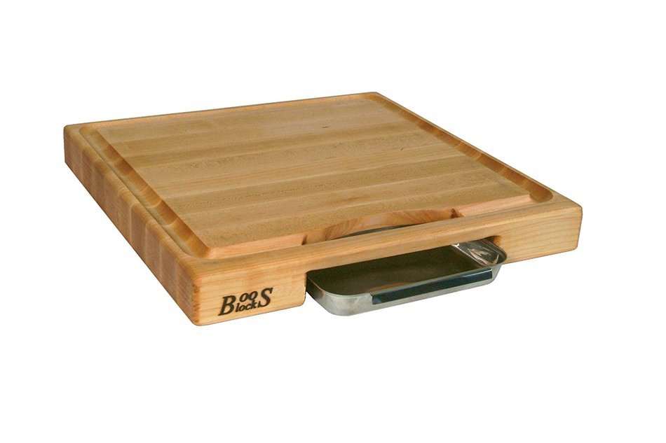 John Boos Newton Prep Master Maple Wood Reversible Cutting Board with Juice Groove, Pan and Double Blade Rocking... N5