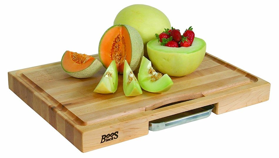 John Boos Newton Prep Master Maple Wood Reversible Cutting Board with Juice Groove, Pan and Double Blade Rocking... N6