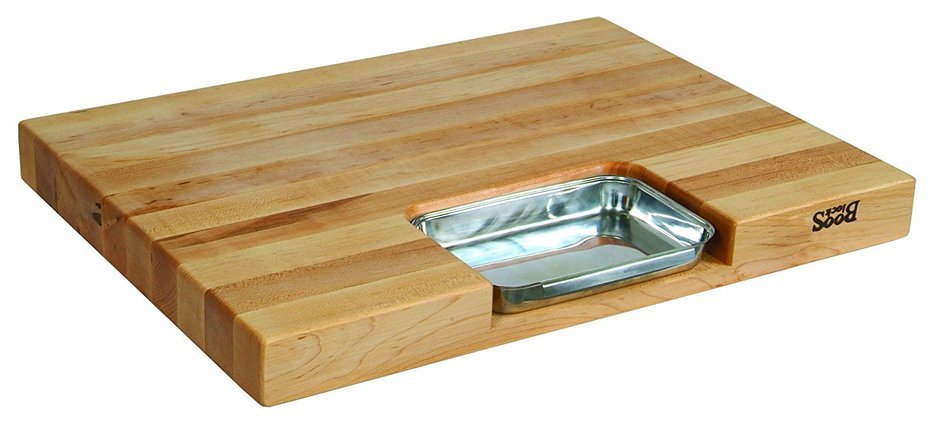 John Boos Newton Prep Master Maple Wood Reversible Cutting Board with Juice Groove, Pan and Double Blade Rocking... N7
